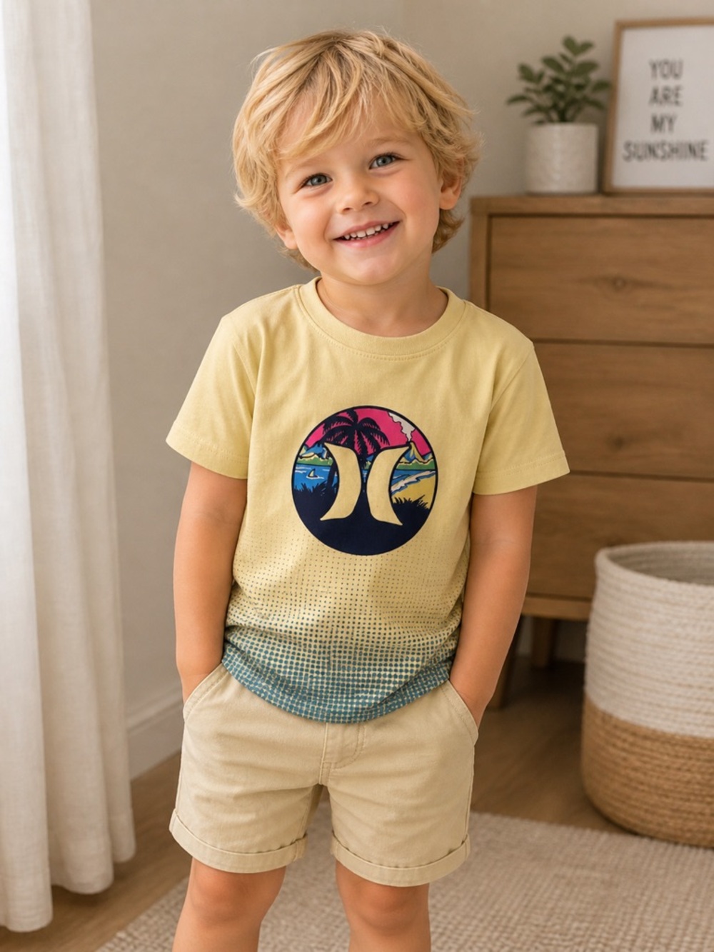 Hurley Yellow Tee with Multicolor Sunset Logo